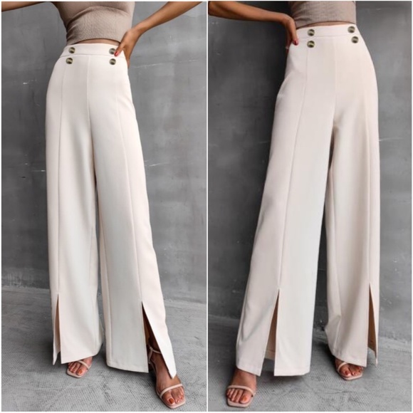 Bellanblue Pants - Cream Button Detail Wide Leg Slit Pants Work Office